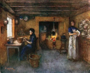 Interior de una granja, Duinhoek (litografía en color)