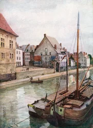 El río Sambre visto desde el Puente de Sambre, Namur (litografía en color)
