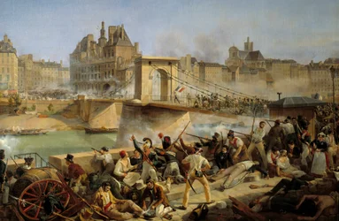 Revolución de 1830, día de julio: ataque al hotel de Ville de París y lucha en el puente de Arcole, 28 de julio de 1830 (óleo sobre lienzo)
