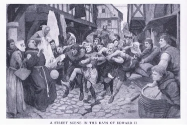 Una escena callejera en los días de Eduardo II, de Cassells History of the British People publicado por la Waverley Book Company Limited, c.1940
