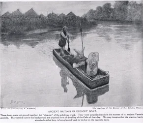 Antiguos britanos en bote excavado, ilustración de 