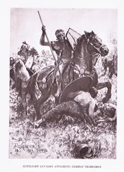 Caballería auxiliar atacando a tribus germanas, ilustración de El Soldado Romano, 1928