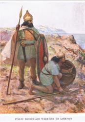 Guerreros de la Edad del Bronce Itálica en la vigilancia, ilustración de 