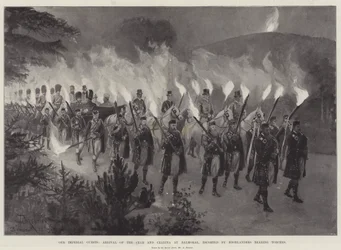 Nuestros huéspedes imperiales, llegada del Zar y la Zarina a Balmoral, escoltados por Highlanders con antorchas