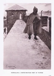 Patrullando un fuerte británico del norte en invierno, ilustración de El Soldado Romano, 1928