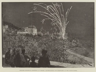Cumpleaños de la Princesa Beatriz en Grasse, Iluminaciones y Fuegos Artificiales en el Grand Hotel