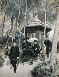 La reina Victoria montando en un carruaje de mulas con John Brown en asistencia