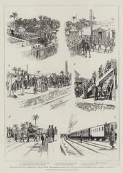 El avance de Sudán, partida del 6º Regimiento Real de Warwickshire hacia el frente desde la estación de Sidi-Gaber, Ramleh, el 9 de enero