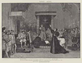 El juicio de la Reina Catalina en Enrique VIII de Shakespeare, producido en el Teatro Lyceum, 5 de enero de 1892