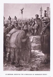 El emperador recibe la sumisión de los jefes bárbaros, ilustración de El Soldado Romano, 1928