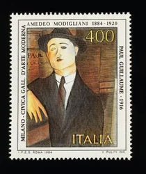 Sello postal de la serie de artes italianas en honor a Amedeo Modigliani (1884-1920), retrato de Paul Guillaume (1916), sello de 400 liras