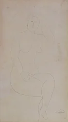 Joven desnuda de pie con las piernas cruzadas