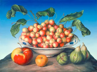 Cerezas en un cuenco de Delft con manzana roja y amarilla