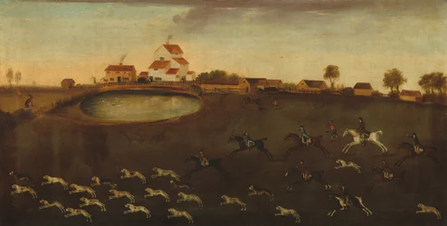 Escena de caza con un estanque