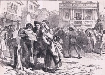 Bostonians leyendo el Acta del Sello, ilustración de la Historia de los Estados Unidos de Cassell publicada por Cassell, Petter & Galpin, c.1900 (litografía)