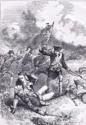 Muerte del Mayor Pitcairn, ilustración de la Historia de los Estados Unidos de Cassell publicada por Cassell, Petter & Galpin, c.1900 (litografía)