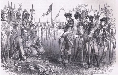 El General Burgoyne dirigiéndose a los indios, ilustración de la Historia de los Estados Unidos de Cassell publicada por Cassell, Petter & Galpin, c.1900 (litografía)