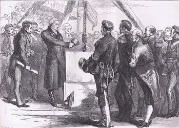 Lafayette colocando la primera piedra del Monumento de Bunker Hill, ilustración de la Historia de los Estados Unidos de Cassell