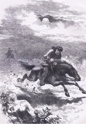 Persecución de Paul Revere el explorador, ilustración de la Historia de los Estados Unidos de Cassell