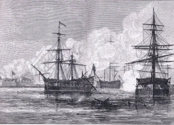 El ataque a la Isla Sullivan, ilustración de la Historia de los Estados Unidos de Cassell publicada por Cassell, Petter & Galpin, c.1900 (litografía)