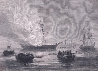 La quema de Gaspe, ilustración de la Historia de los Estados Unidos de Cassell