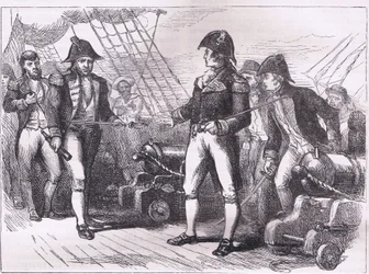 Los oficiales del Chesapeake ofreciendo sus espadas, ilustración de la Historia de los Estados Unidos de Cassell, publicada por Cassell, Petter & Galpin, c.1900