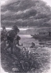 Comerciantes en el Ohio atacados por salvajes, ilustración de la Historia de los Estados Unidos de Cassell