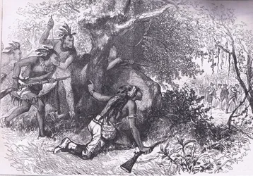Traición de los Cherokees 1760, ilustración de la Historia de los Estados Unidos de Cassell