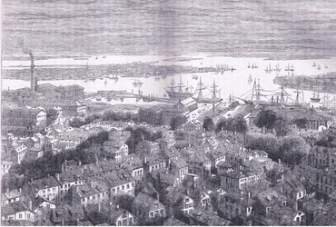 Vista de Boston desde Bunkers Hill, ilustración de la Historia de los Estados Unidos de Cassell publicada por Cassell, Petter & Galpin, c.1900 (litografía)