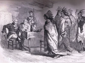Visita de Pontiac y los indios al Mayor Gladwin 1763, ilustración de la Historia de los Estados Unidos de Cassell publicada por Cassell, Petter & Galpin, c.1900
