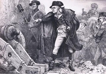 Washington en el sitio de Yorktown, ilustración de Cassells History of the United States publicada por Cassell, Petter & Galpin, c.1900 (litografía).
