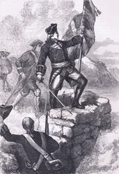 Washington plantando la bandera británica en el Fuerte Duquesne, ilustración de la Historia de los Estados Unidos de Cassell publicada por Cassell, Petter & Galpin, c.1900 (litografía)
