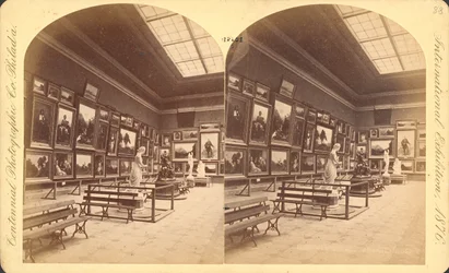 Memorial Hall, Departamento Americano, Exposición Internacional del Centenario de 1876, Filadelfia (impresión estereoscópica)