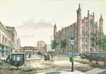 3ª Avenida y Calle 23, Estación de Ferrocarril Elevado y el Colegio de la Ciudad de Nueva York, de 36 Vistas de Nueva York y sus Alrededores, publicado por Charles Magnus