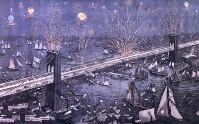 Vista aérea del Gran Puente de Nueva York y Brooklyn y gran exhibición de fuegos artificiales en la noche de apertura, 1883