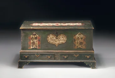 Cofre de dote con tapa decorada, inscrito Susana Scheblern, probablemente del condado de Lancaster, Pensilvania, 1790