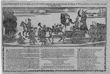 Una representación de las figuras exhibidas y desfiladas por las calles de Filadelfia el sábado 30 de septiembre de 1780