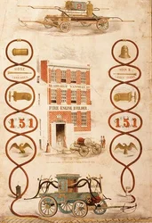 Anuncio de Abraham Vanness, constructor de bombas de incendios y fabricante de equipos de lucha contra incendios, pub. por Geo. G. Gratacap, Nueva York, c.1850