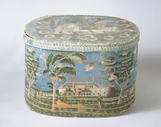 Caja de cartón cubierta con papel impreso en bloque mostrando vista de castillo, c.1835