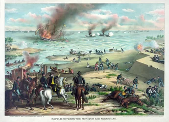 Batalla entre el Monitor y Merrimac, 9 de marzo de 1862 en Hampton Roads, cerca de Norfolk, Virginia, pub. Kurz & Allison, c.1889
