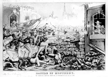 Batalla de Monterrey: Los estadounidenses abriéndose paso hacia la plaza principal, 23 de septiembre de 1846, grabado y publicado por Nathanial Currier (1813-88)