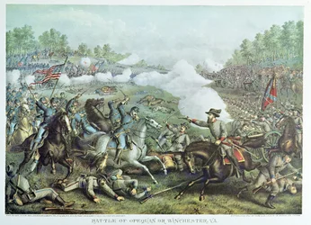 Batalla de Opequan o Winchester, Virginia, grabado por Kurz & Allison