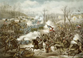 Batalla de Pea Ridge, Arkansas, 6-8 de marzo, grabado por Kurz & Allison (litografía en color)