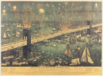 Vista aérea del Gran Puente de Nueva York y Brooklyn y la gran exhibición de fuegos artificiales en la noche de apertura en 1883