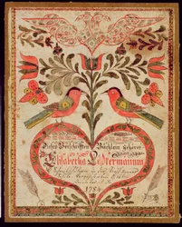 Marcapáginas que representa dos pájaros y un corazón, 1784