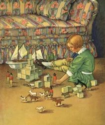 Niño jugando con soldados de juguete y bloques