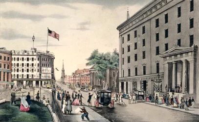 Broadway Nueva York, sur desde el parque, grabado y publicado por Nathaniel Currier (1813-88) Nueva York