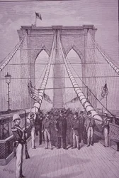 Puente de Brooklyn, el Presidente Arthur en la ceremonia de apertura, 24 de mayo de 1883 (grabado)