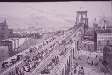 Puente de Brooklyn justo después de la ceremonia de apertura, publicado el 26 de mayo de 1883 (grabado)