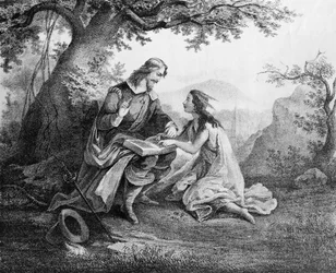 El capitán John Smith (1580-1631) enseñando a leer a Pocahontas (c.1595-1617)